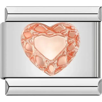 Rose gold heart design with a textured pattern Italian charm bracelet link