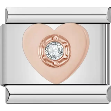 Rose gold heart with a central clear gemstone Italian charm bracelet link