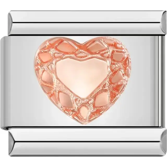 Rose gold heart design with a textured pattern Italian charm bracelet link