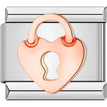 Rose gold heart-shaped lock design with a keyhole Italian charm bracelet link