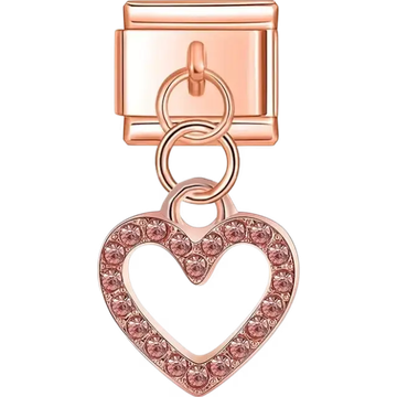 Dangle rose gold heart pendant with pink crystal accents and interlocking rings Italian charm bracelet link