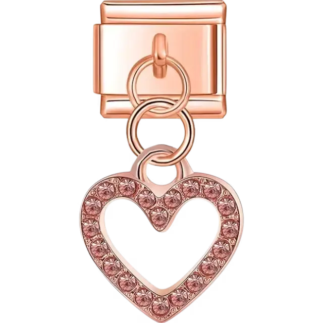 Dangle rose gold heart pendant with pink crystal accents and interlocking rings Italian charm bracelet link
