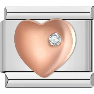 Rose gold heart design featuring a single clear crystal Italian charm bracelet link