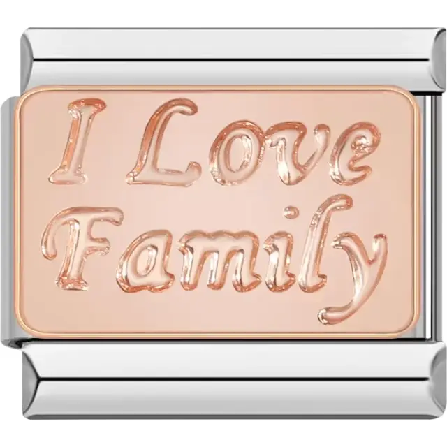 Rose gold charm engraved with "I Love Family" Italian charm bracelet link