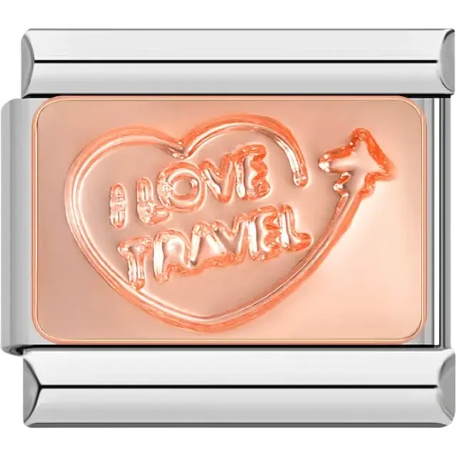 Rose gold charm engraved with "I Love Travel" in a heart-shaped design with an airplane accent Italian charm bracelet link