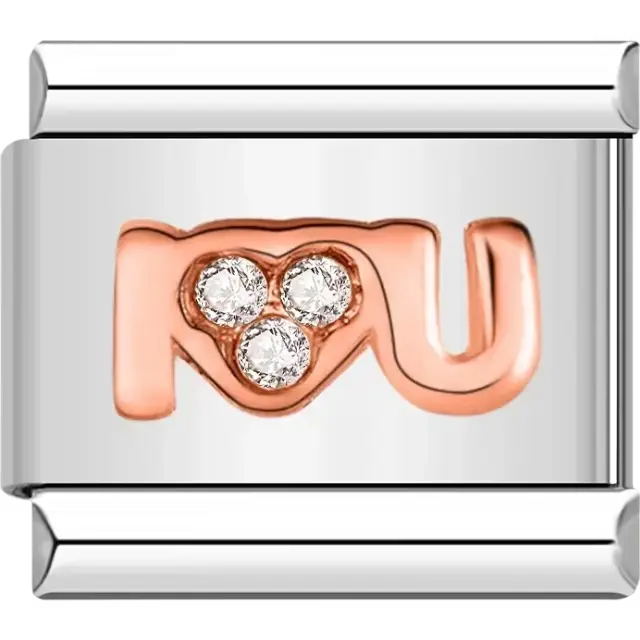 Rose gold "I Love You" design with a heart-shaped cluster of clear crystals Italian charm bracelet link
