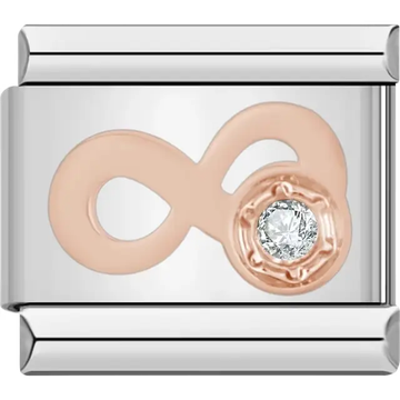 Rose gold infinity symbol with a clear gemstone on the side Italian charm bracelet link