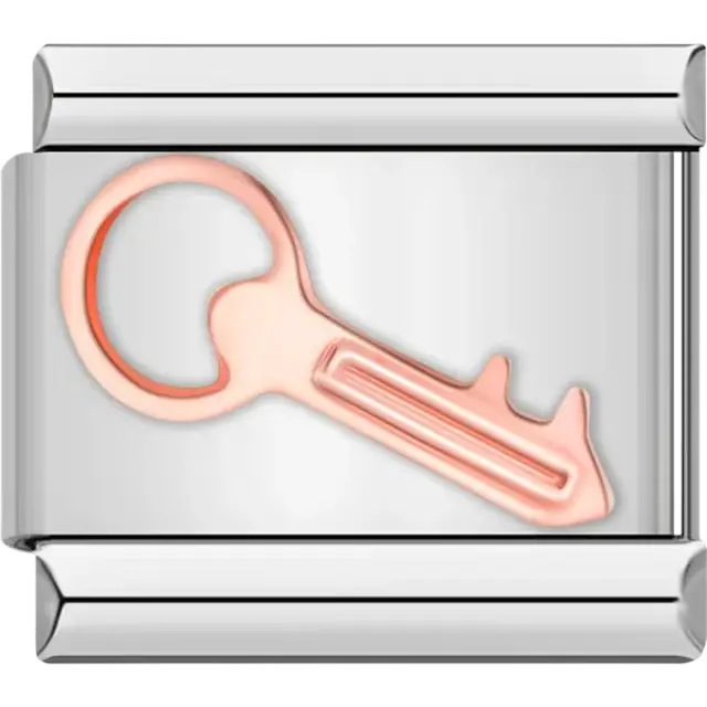 Rose gold key design on a stainless steel Italian charm bracelet link