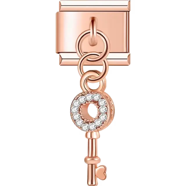 Rose gold key pendant with clear crystal accents Italian charm bracelet link