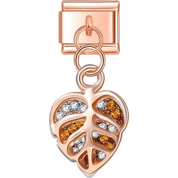 Rose gold dangling leaf charm with white and amber gemstones Italian charm bracelet link