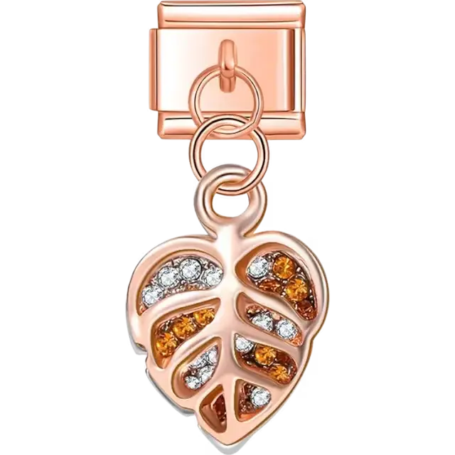 Rose gold dangling leaf charm with white and amber gemstones Italian charm bracelet link