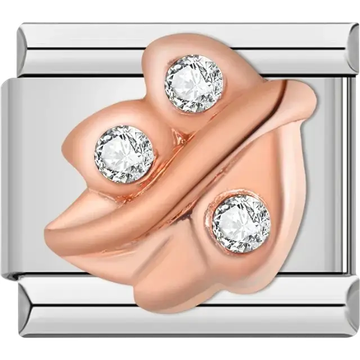 Rose gold leaf with three clear crystals Italian charm bracelet link