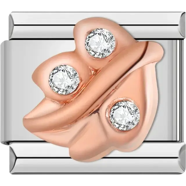 Rose gold leaf with three clear crystals Italian charm bracelet link