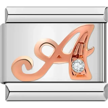 Rose gold cursive letter "A" with clear gemstone accent Italian charm bracelet link