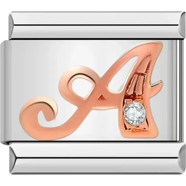 Rose gold cursive letter "A" with clear gemstone accent Italian charm bracelet link