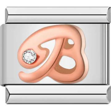 Rose gold cursive letter "B" with clear gemstone accent Italian charm bracelet link