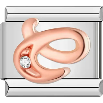 Rose gold cursive letter "C" with clear gemstone accent Italian charm bracelet link