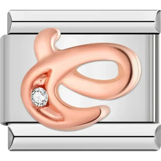 Rose gold cursive letter "C" with clear gemstone accent Italian charm bracelet link