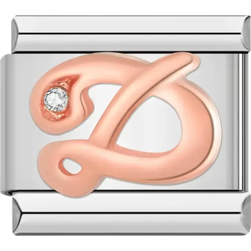 Rose gold cursive letter "D" with clear gemstone accent Italian charm bracelet link