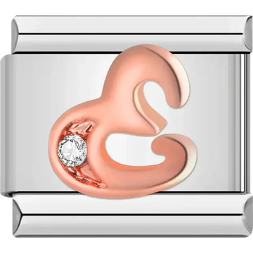 Rose gold cursive letter "E" with clear gemstone accent Italian charm bracelet link