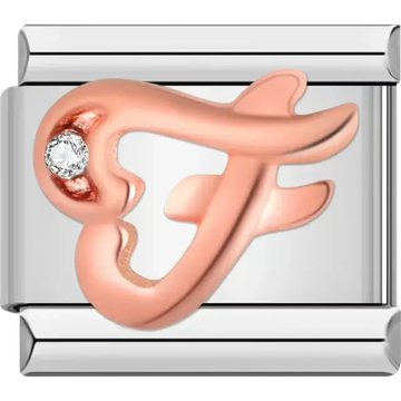 Rose gold cursive letter "F" with clear gemstone accent Italian charm bracelet link