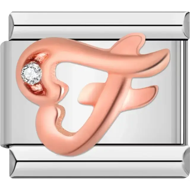 Rose gold cursive letter "F" with clear gemstone accent Italian charm bracelet link