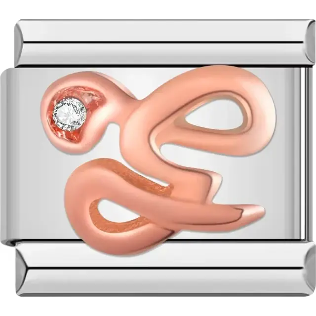 Rose gold cursive letter "G" with clear gemstone accent Italian charm bracelet link