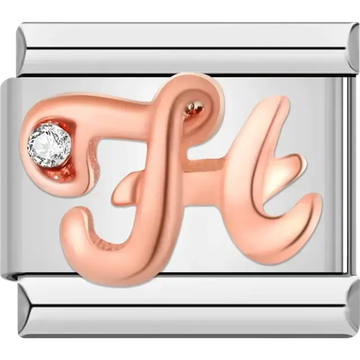 Rose gold cursive letter "H" with clear gemstone accent Italian charm bracelet link