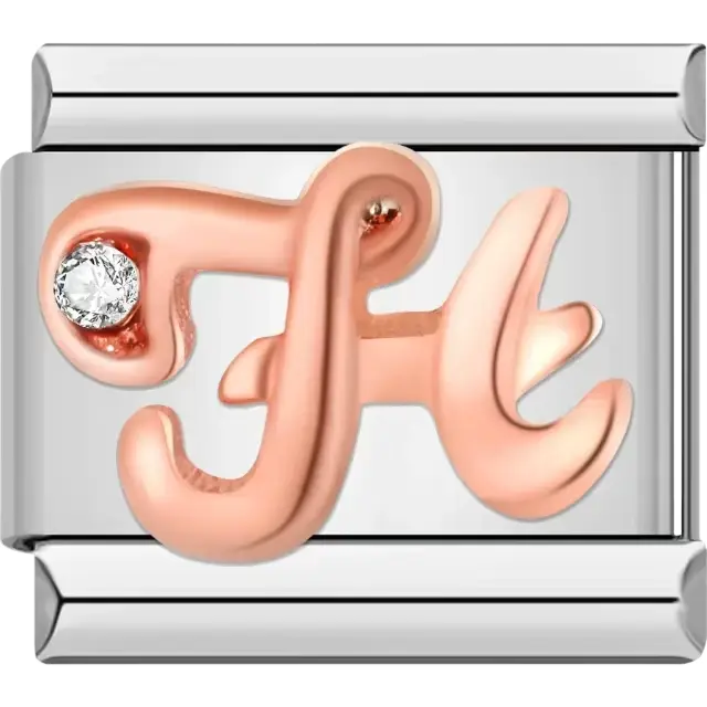 Rose gold cursive letter "H" with clear gemstone accent Italian charm bracelet link