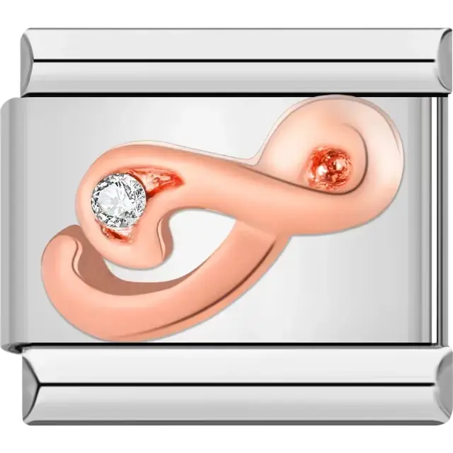 Rose gold cursive letter "I" with clear gemstone accent Italian charm bracelet link