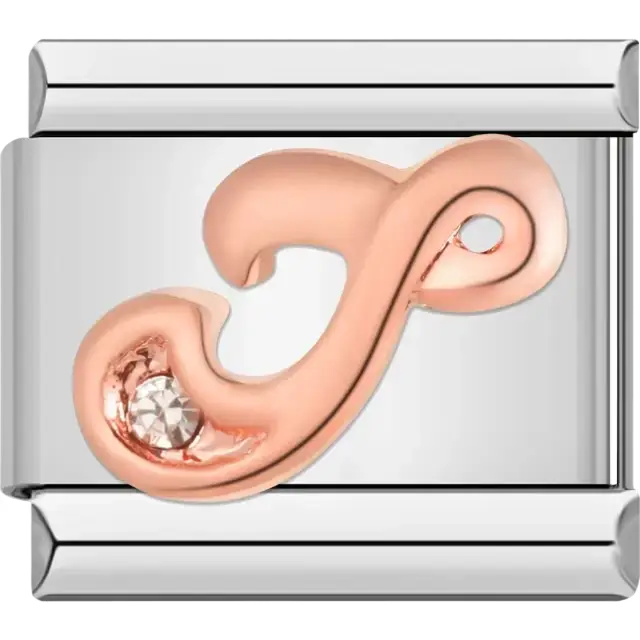 Rose gold cursive letter "J" with clear gemstone accent Italian charm bracelet link