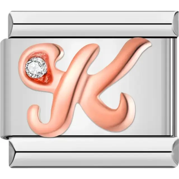 Rose gold cursive letter "K" with clear gemstone accent Italian charm bracelet link