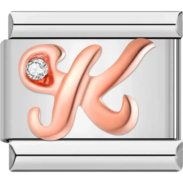 Rose gold cursive letter "K" with clear gemstone accent Italian charm bracelet link