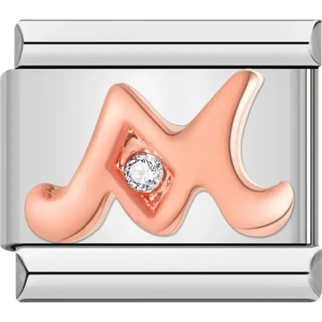 Rose gold cursive letter "M" with clear gemstone accent Italian charm bracelet link