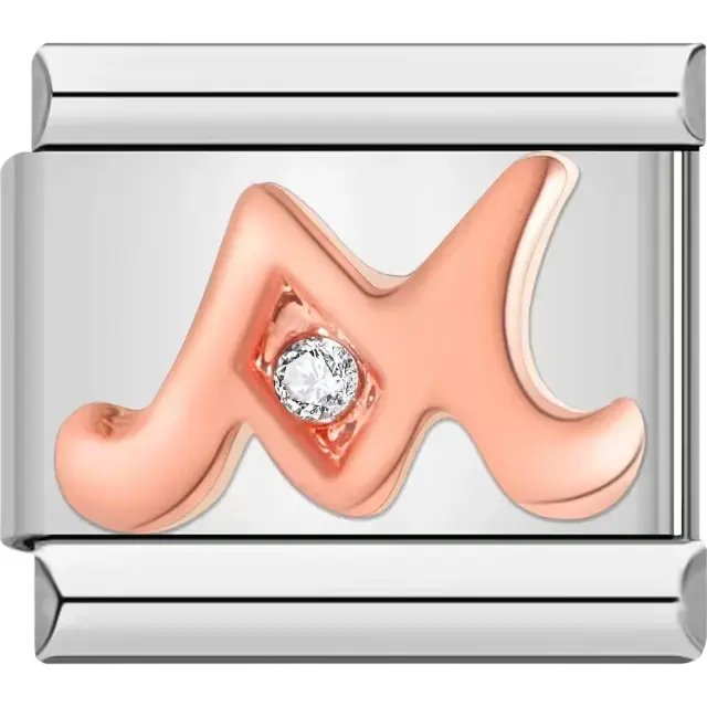 Rose gold cursive letter "M" with clear gemstone accent Italian charm bracelet link