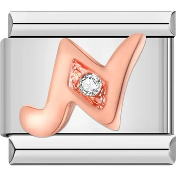 Rose gold cursive letter "N" with clear gemstone accent Italian charm bracelet link