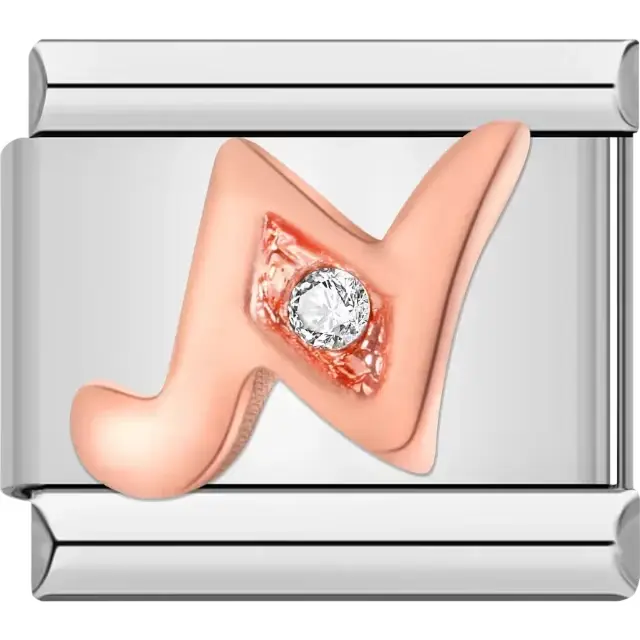 Rose gold cursive letter "N" with clear gemstone accent Italian charm bracelet link