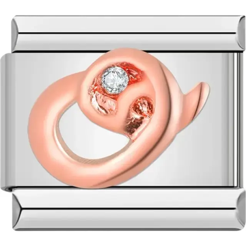 Rose gold cursive letter "O" with clear gemstone accent Italian charm bracelet link