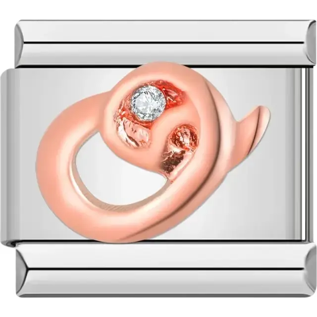 Rose gold cursive letter "O" with clear gemstone accent Italian charm bracelet link