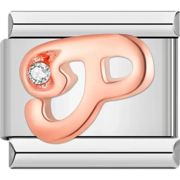 Rose gold cursive letter "P" with clear gemstone accent Italian charm bracelet link