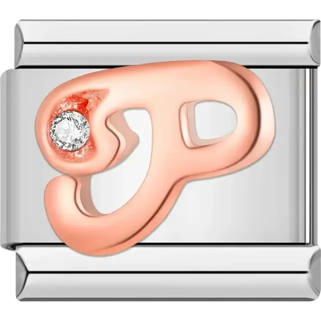 Rose gold cursive letter "P" with clear gemstone accent Italian charm bracelet link