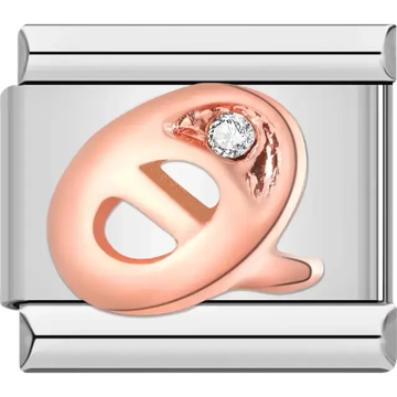 Rose gold cursive letter "Q" with clear gemstone accent Italian charm bracelet link