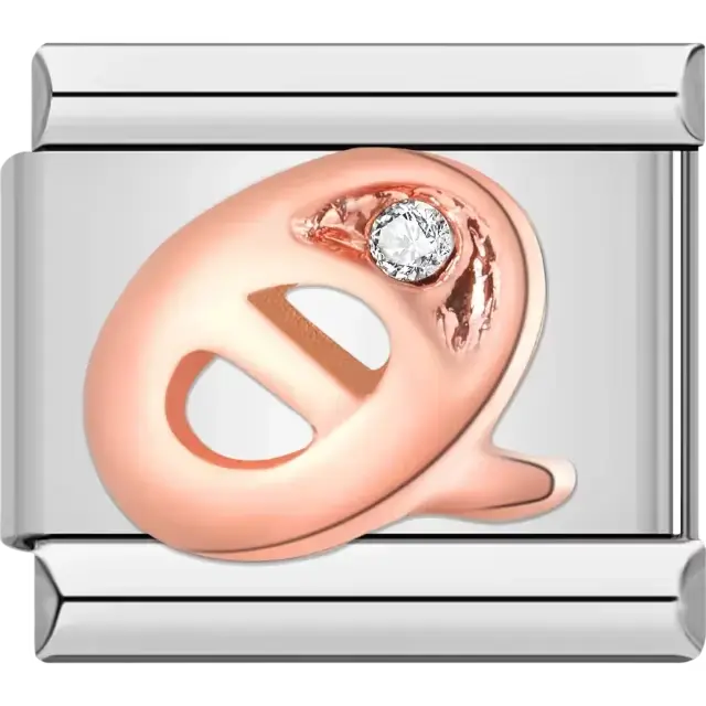 Rose gold cursive letter "Q" with clear gemstone accent Italian charm bracelet link