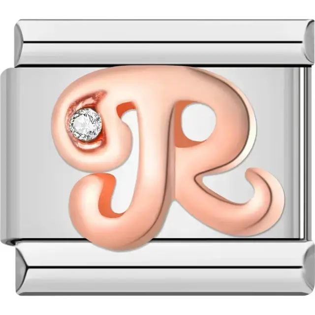 Rose gold cursive letter "R" with clear gemstone accent Italian charm bracelet link