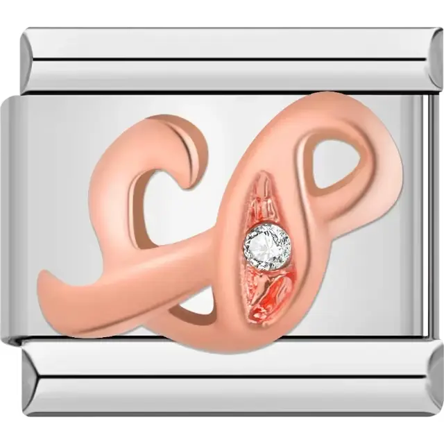 Rose gold cursive letter "S" with clear gemstone accent Italian charm bracelet link