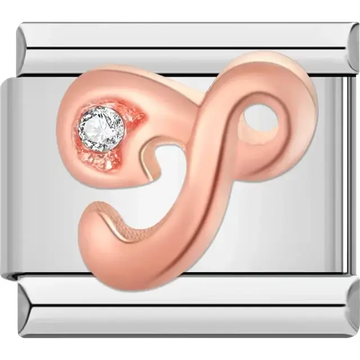 Rose gold cursive letter "T" with clear gemstone accent Italian charm bracelet link