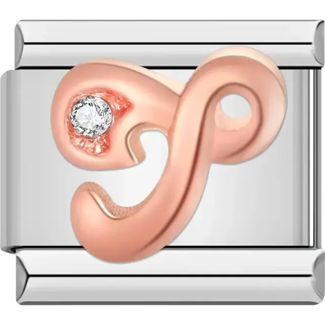 Rose gold cursive letter "T" with clear gemstone accent Italian charm bracelet link