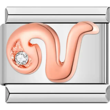 Rose gold cursive letter "V" with clear gemstone accent Italian charm bracelet link