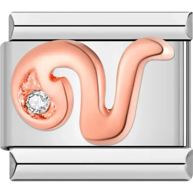 Rose gold cursive letter "V" with clear gemstone accent Italian charm bracelet link