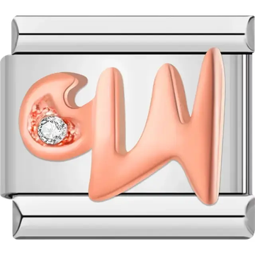 Rose gold cursive letter "W" with clear gemstone accent Italian charm bracelet link
